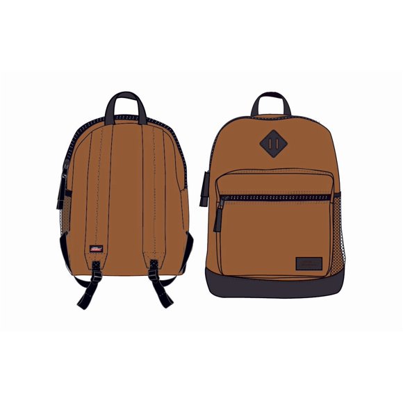 Genuine Dickies Brown Solid Varsity backpack 17.5"x13"x6.5", zip main compartment, front pocket, for daily use unisex sizing 600D polyester, side water bottle pocket, Black faux leather bottom