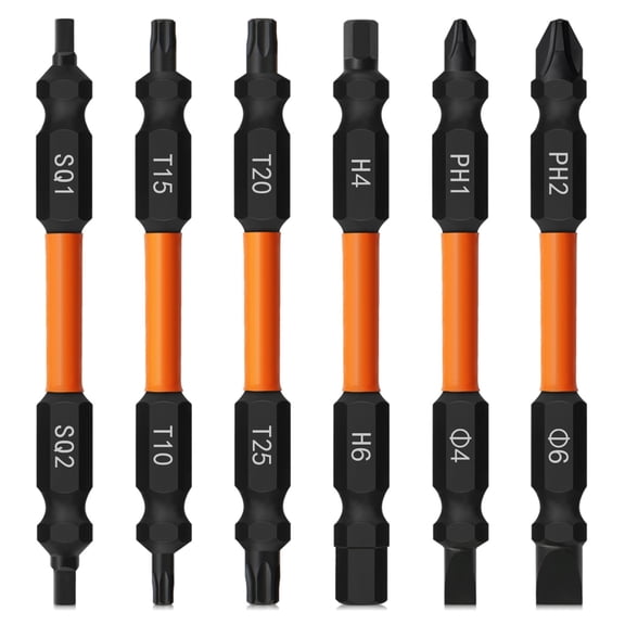 6Pcs Multi-bit Screw Drivers, Double-Ended Bits with Magnetic, Impact-Rated Screwdriver Bits for Hex/Torx/Phillips/Slotted/Square, 3" long, S2 Steel, H4/6, T10- T25, PH1/2, SL4/6, SQ1/2