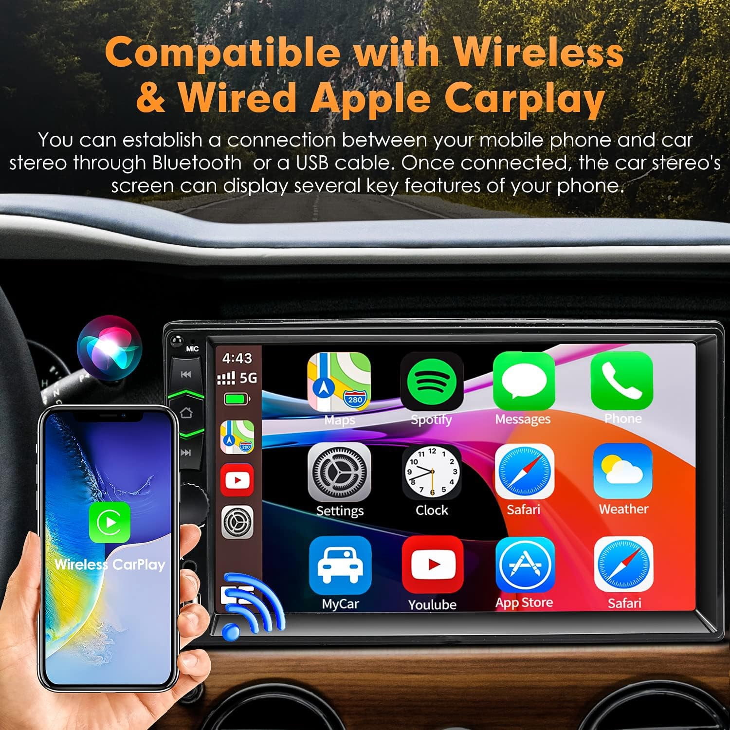AUTORADIO APPLE CARPLAY Android Auto 2 DIN Doppio 7 POLLICI Bluetooth