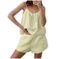 thumbnail image 2 of Hrsba Women's Solid Color Cotton Linen Feel Cami Top and Elastic Waist Shorts Pajama Set 2 Piece Cozy Home Wear, 2 of 8