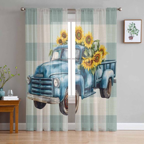 Blue Truck Yellow Sunflower Semi Sheer Curtains 96 Inch Length 2 Panels Set, Summer Teal Plaid Vintage Sheer Kitchen Curtain Privacy Voile Window Curtain for Living Room Bedroom Rod Pocket Drapes