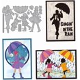 thumbnail image 1 of Troqueles de corte de metal con escena de lluvia: personas sosteniendo un paraguas, plantilla de troquelado, gotas de lluvia, zapatos para la lluvia, sombrero. Plantilla de estampado en relieve., 1 of 9