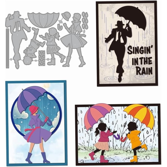 Troqueles de corte de metal con escena de lluvia: personas sosteniendo un paraguas, plantilla de troquelado, gotas de lluvia, zapatos para la lluvia, sombrero. Plantilla de estampado en relieve.