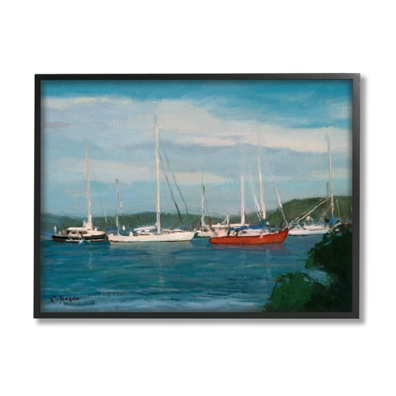 Stupell Industries Sailboat Fleet Afloat Ocean Water Distant Hills Painting Black Framed Art Print Wall Art, Design by Stephen Calcasola