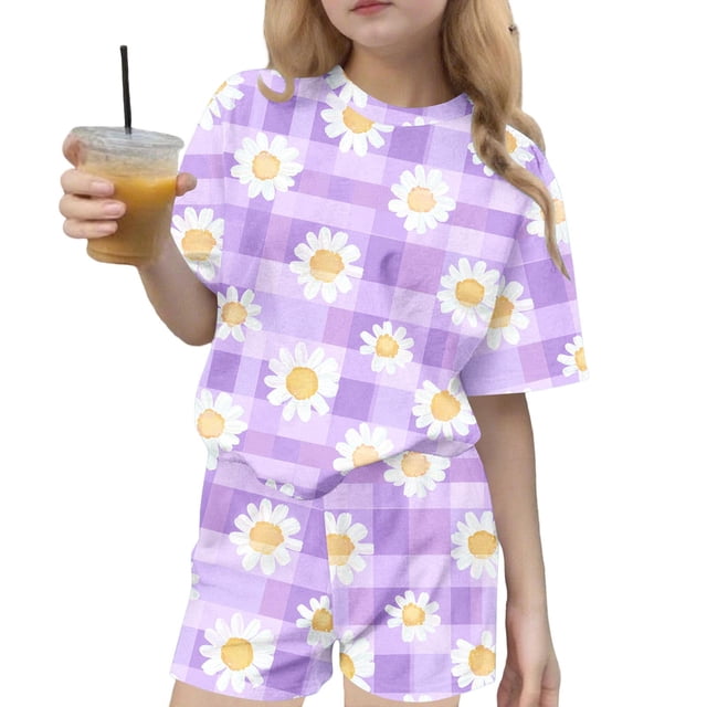 Robe d'Été à Manches Robe d'Été pour Enfants Imprimée Décontractée Col Rond Manches Courtes Haut et Short Ensemble Deux Pièces pour Enfants Ensemble d'Été Mignon