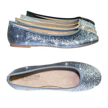 

Clore10 by Bamboo Women s Round Toe Ballet Flats with Iridescent Rhinestone Studs on Glitter Vamp