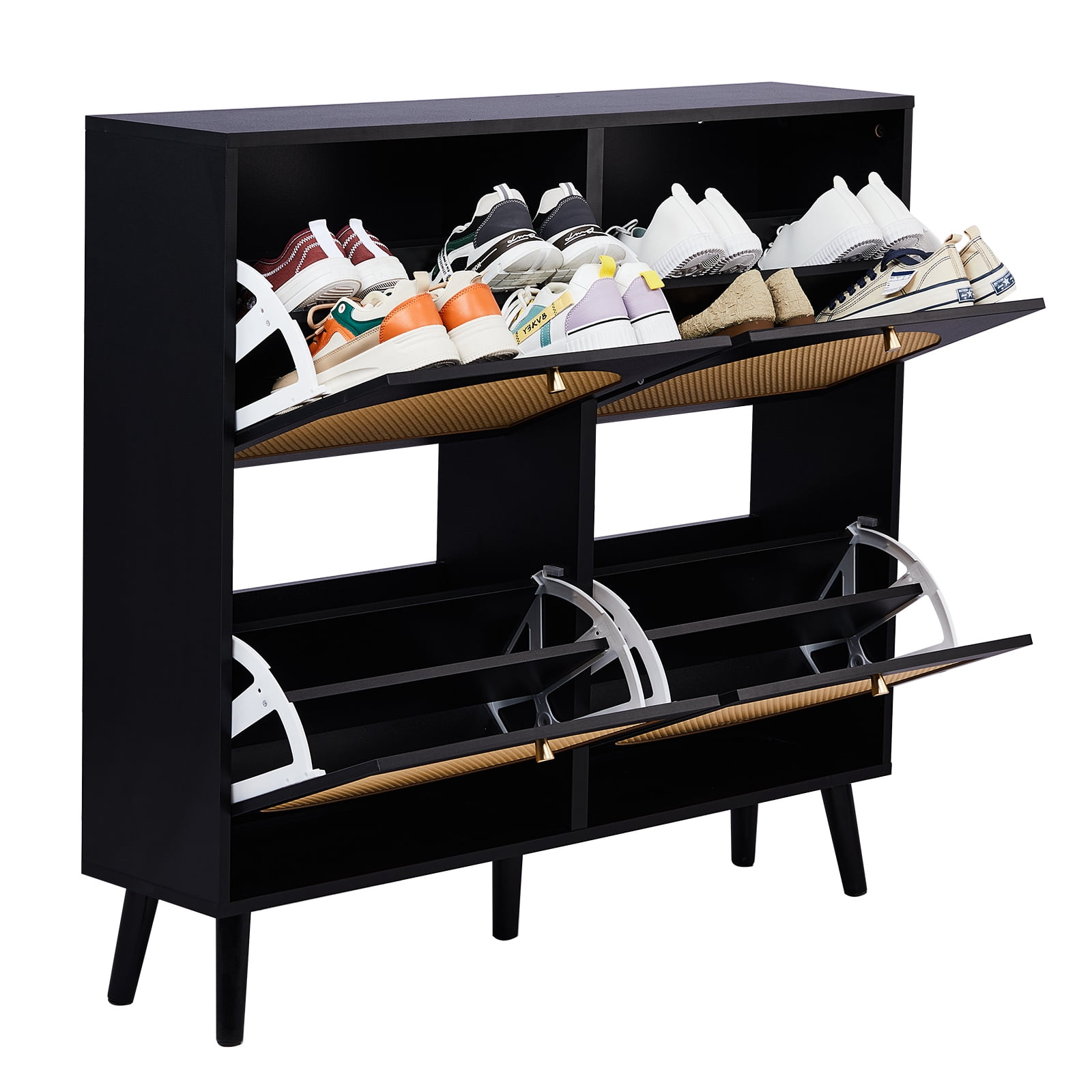 2-Tier Arched Rattan Flip-Top Shoe Cabinet, Black Frame Wood-Tone Rattan Panels, Space-Saving Storage for Entryway Hallway