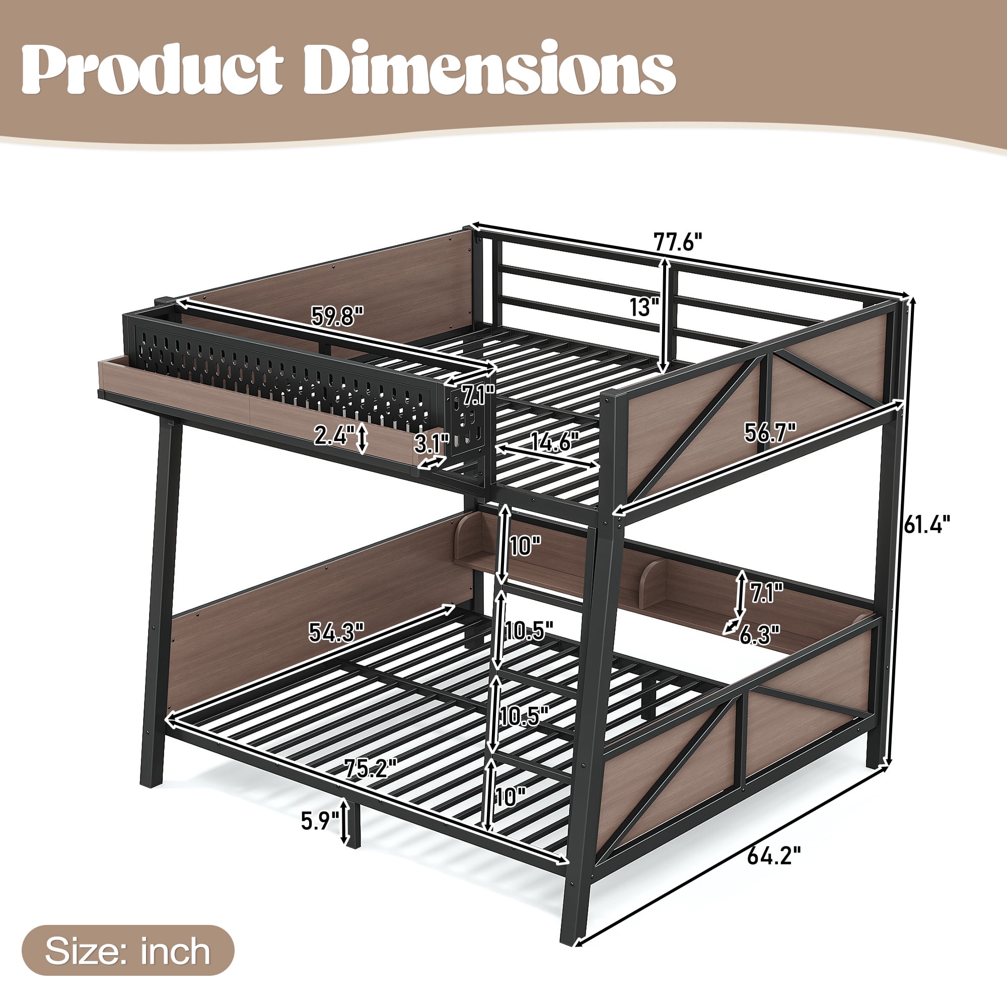 HOQBN Bunk Bed Twin Size with Storage Shelves,Metal Bunk Bed Frame with LED Light and USB Ports,Black