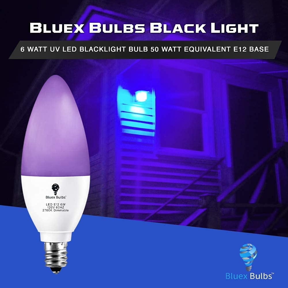 6 Pack LED Black Light Bulb, 6W E12 Candle Blacklight Bulb Level 385-400nm, Body Paint, Glow in The Dark Party E12 LED Light Bulb Neon Glow Fluorescent Poster Candelabra Bulbs