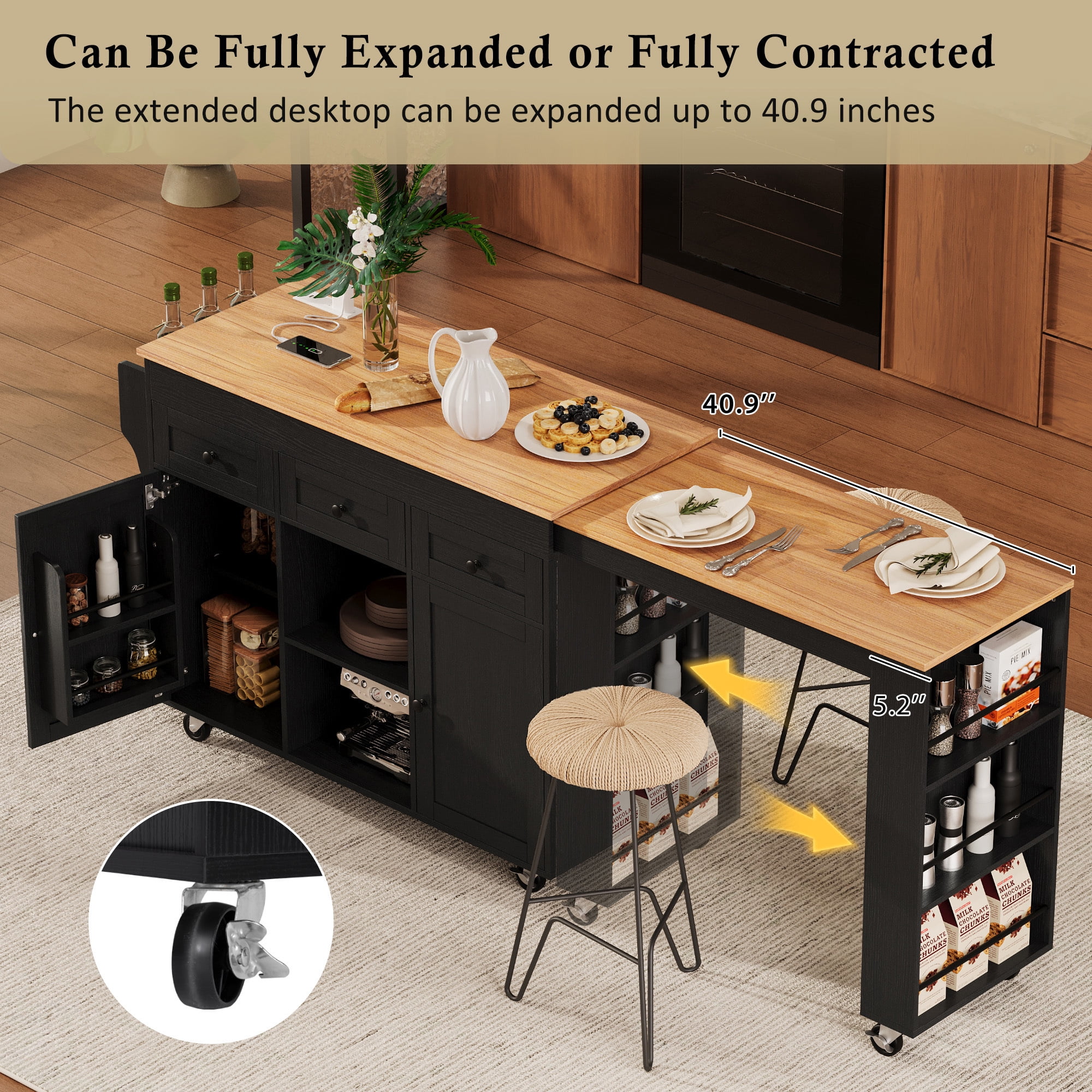 Leumius Kitchen Island with Extendable Dining Table, Kitchen Storage Table with 3 Side Open Shelves, Rolling Kitchen Island with Power Outlet, 3 Drawers, 2 Doors for Kitchen Dining Room Black