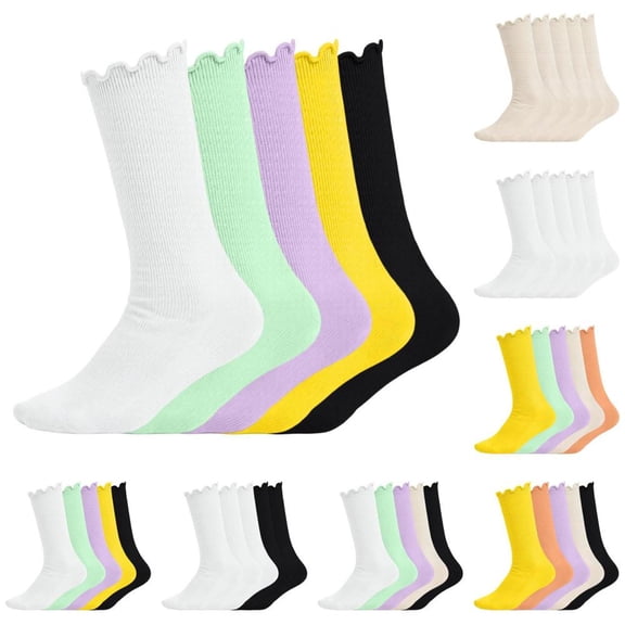 Bxsruta Girls Ruffle Crew Socks Lettuce Trim Ribbed Mid Calf Casual Socks