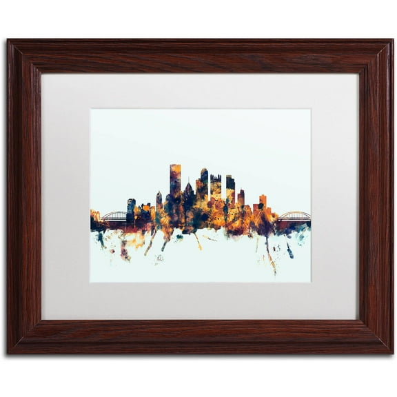 Trademark Fine Art "Pittsburgh PA Skyline Blue" Canvas Art by Michael Tompsett, White Matte, Wood Frame