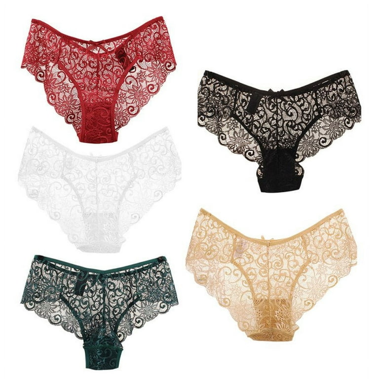 Women's Sexy Full Lace Panties S-XL 5Colors High-Crotch Transparent Floral  Bow Soft Briefs Underwear Culotte Femme Red M