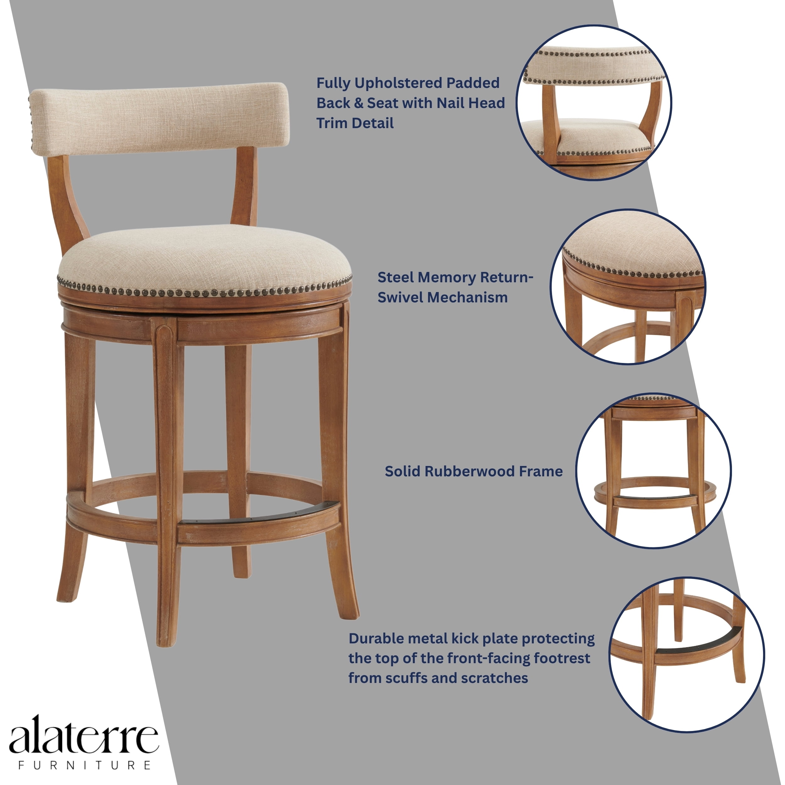 Alaterre Furniture Hanover Swivel Low Back Counter Height Bar Wood Stool, Weathered Brown and Beige
