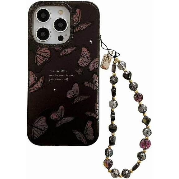 Designed for iPhone Case,Luxury translucent Butterfly Pattern with Pearl hand Bracelet camera lens Protection shockproof Protective Cover Phone Case (iPhone 13,Black)