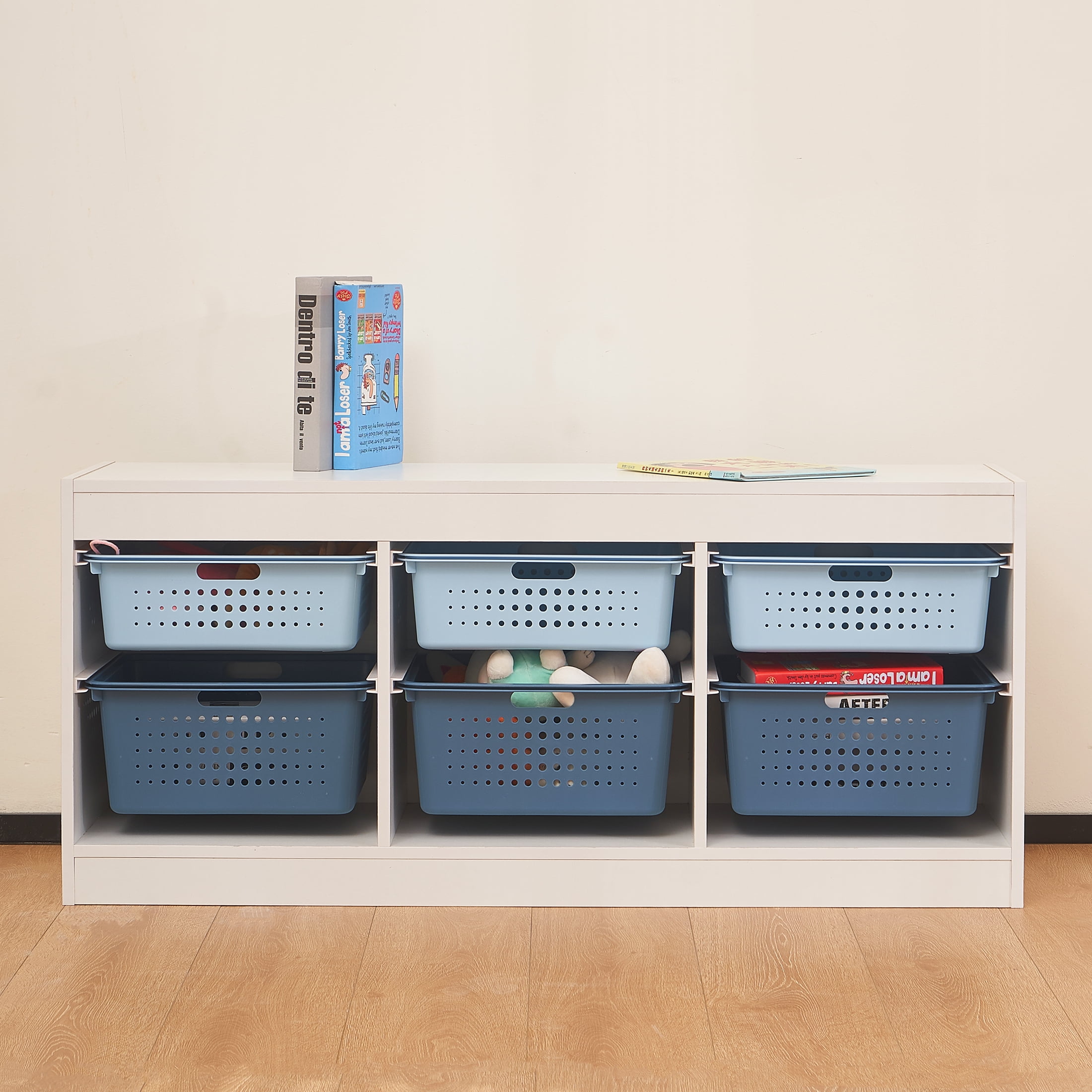 Your Zone Wooden Kids Horizontal Sliding Bin Organizer with 6 Storage Bins, Blue, Age 3+