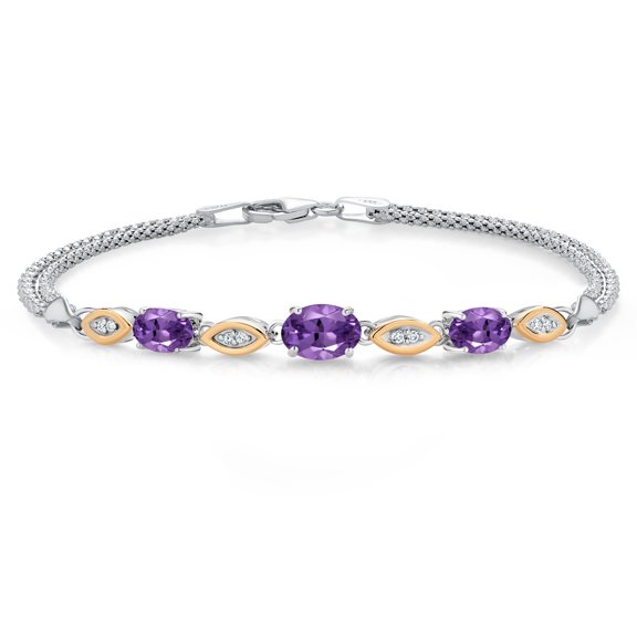 Gem Stone King 925 Silver and 10K Yellow Gold Purple Amethyst and White Lab Grown Diamond Bracelet for Women (1.71 Cttw, Gemstone February Birthstone, Oval, Wheat Chain, 6.5 inches)