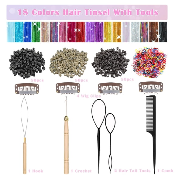 WEIF-Hair Tinsel, 18 Colors 7800 Strands 48 Inch Glitter Tinsel Hair Extensions Kit Heat Resistant Daily Use Festivals Shiny Fairy Hair Accessories for Girls Kids Women (18 Colors)
