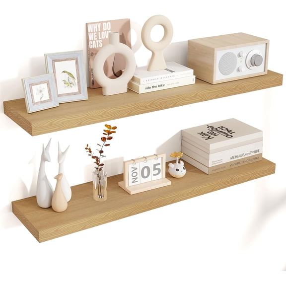 Floating Shelves for Wall 36"W x 7.8"D x 1.5"H, Engineered Wood Wall Shelves with Invisible Brackets for Living Room Bedroom Bathroom Office Kitchen Decor and Storage, Oak Finish, Set of 2