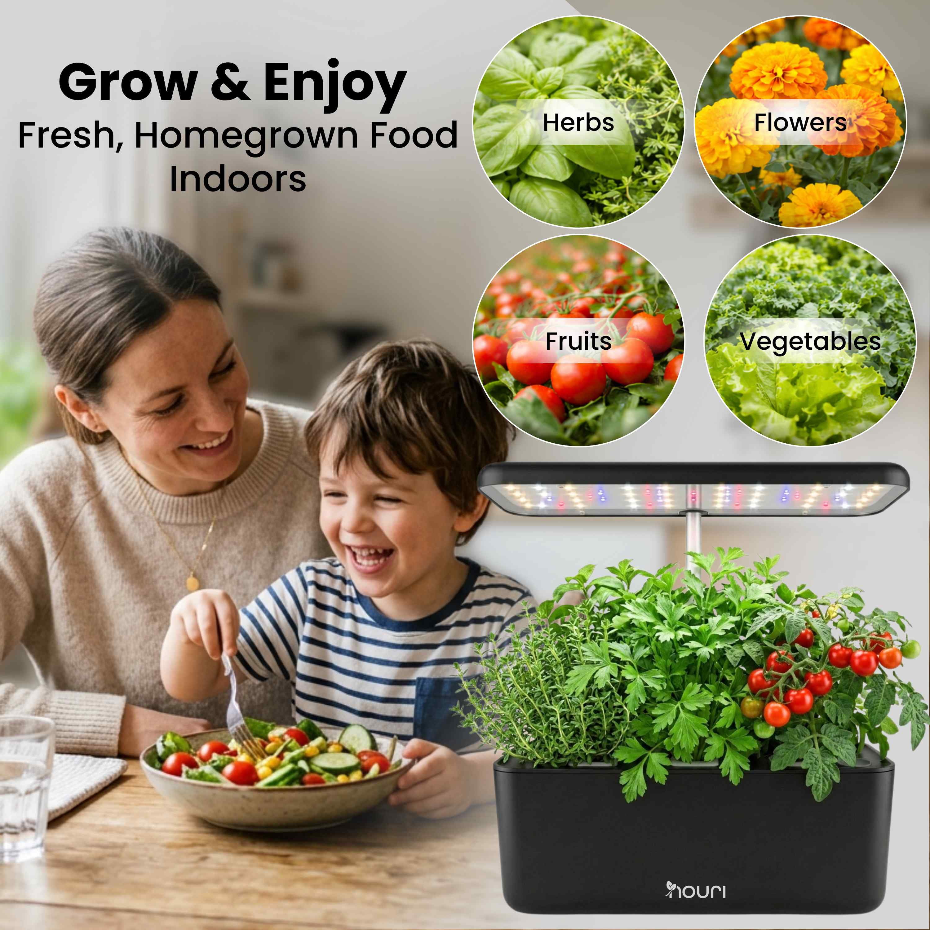 Nouri Hydroponics Growing System, 7 pod Smart Indoor Herb Garden Kit with LED Grow Lights, Hydroponic Herb Garden Indoor with  Basil Seeds Included
