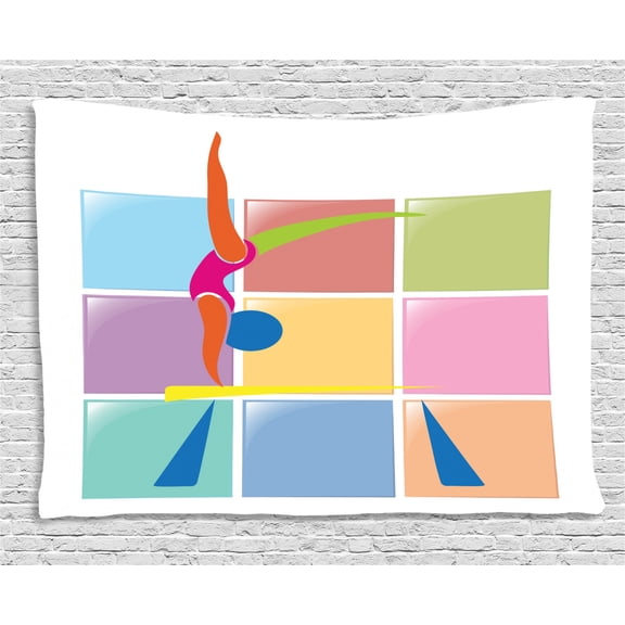 Gymnastics Tapestry, Abstract Athlete Balancing on a Vault with Checkered Colorful Squares Background, Wall Hanging for Bedroom Living Room Dorm Decor, 80W X 60L Inches, Multicolor, by Ambesonne