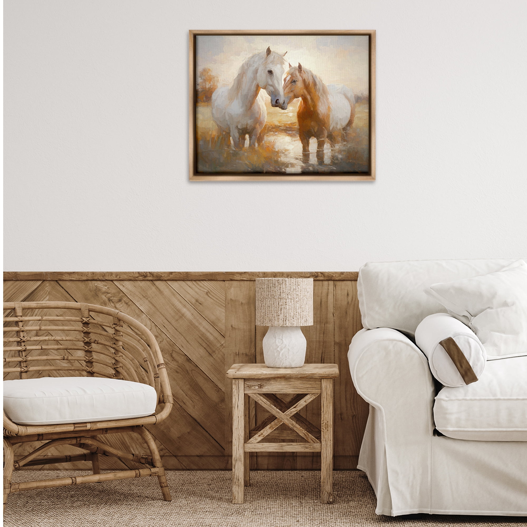 Stupell Industries Horse Pair in River Animals & Insects Painting Brown Floater Framed Canvas Art Print Wall Art, 31 x 25