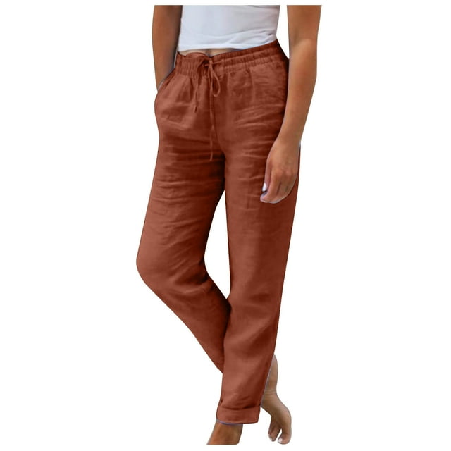 AherBiu Women's Casual Solid Color Loose Elastic Waist Drawstring Straight Summer Long Pants, Small