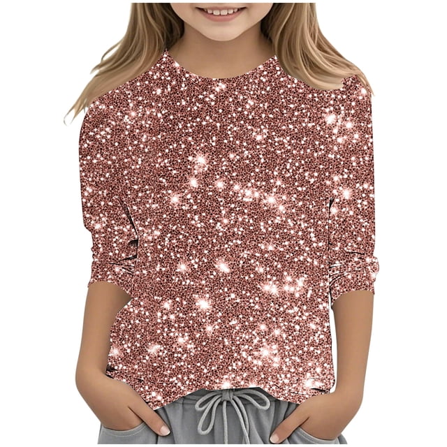 lcziwo Filles 2025 Mode T-Shirts Graphiques à Paillettes Manches 3/4 Amples Chic Col Ras du Cou Hauts Imprimé à Paillettes Automne Décontracté Chandail Blouse Multicolore Ofertas Relampago de Hoy