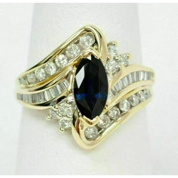 3Ct Marquise Simulated Sapphire & Diamond Wedding Ring 14k Yellow Gold Plated