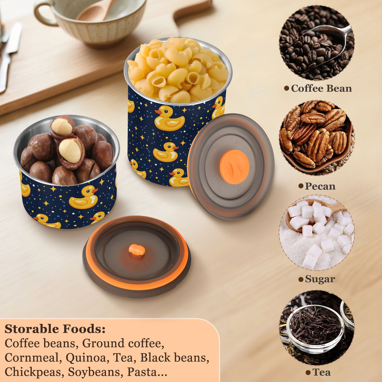 Yellow Duck Stars Airtight Coffee Bean Canister 30oz Food Storage Containers with Lids For Gournd, Tea, Sugar, Flour, Rice, Cereal, Candy Cookie Jar