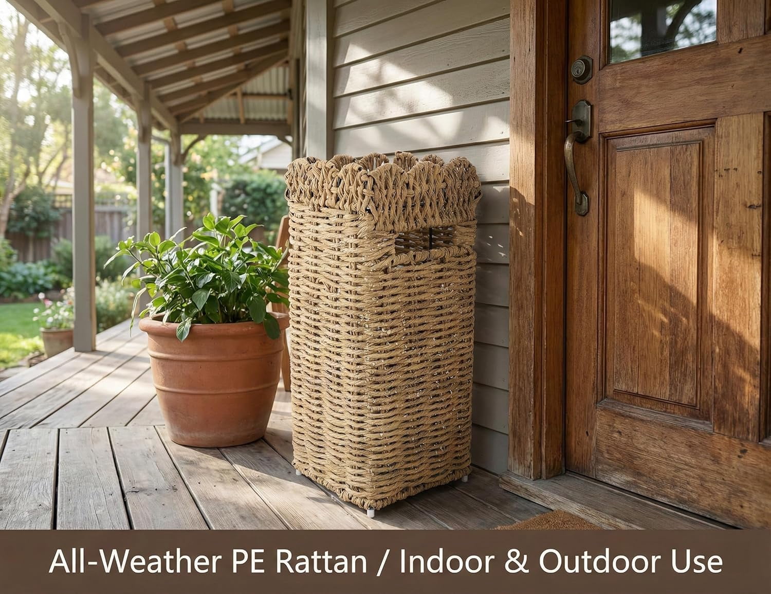Woven Umbrella Stand for Entryway, PE Rattan Umbrella Holder Basket with Removable Drip Tray, Scalloped Square Cane Stand for Umbrellas, Walking Sticks, Wrapping Paper, Farmhouse Porch Decor