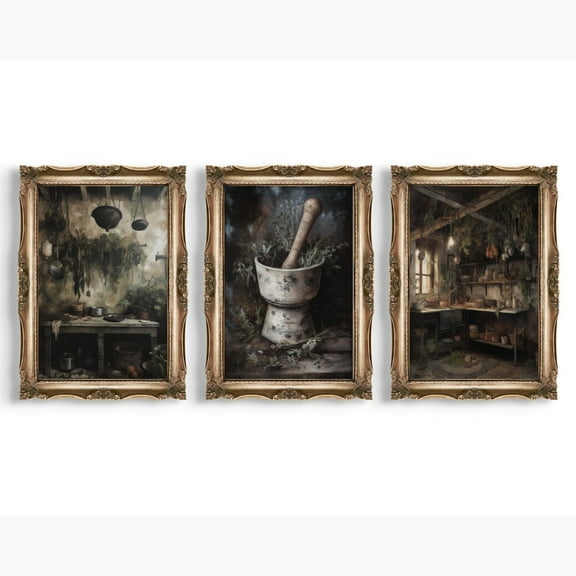 Luvia Set Of 3 Kitchen Witch Prints | Dark Cottagecore Decor, Moody Wall Art, Green Witch Gallery Set, Goblincore Still Life Art, Nature Aesthetic, Modern Wall Decor Set 3 Prints 8x12 UNFRAMED