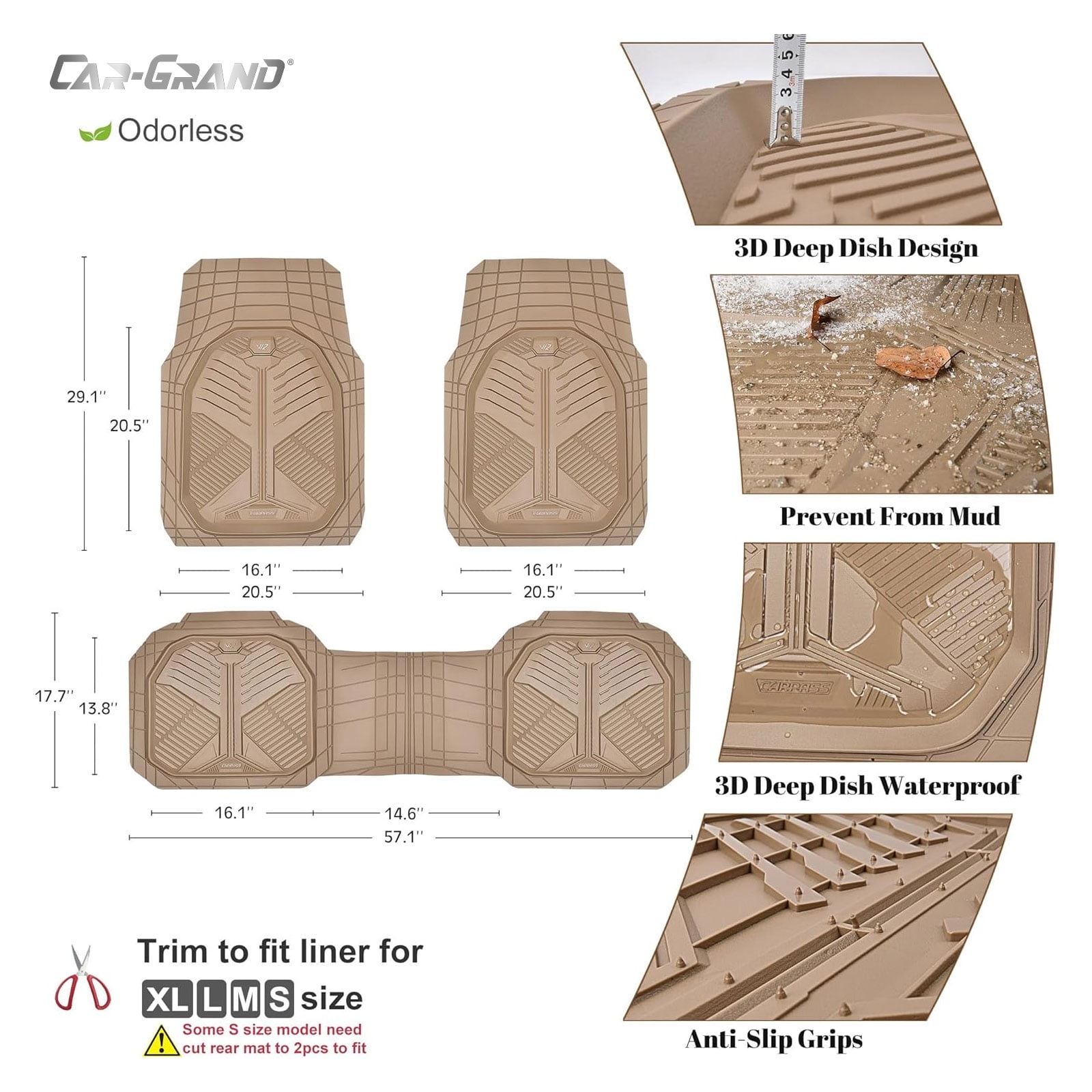 CAR GRAND Heavy duty rubble car floor mats full set deep dish water proof anti slip all weather truck mats universal fit trim-to-fit trimmable all beige