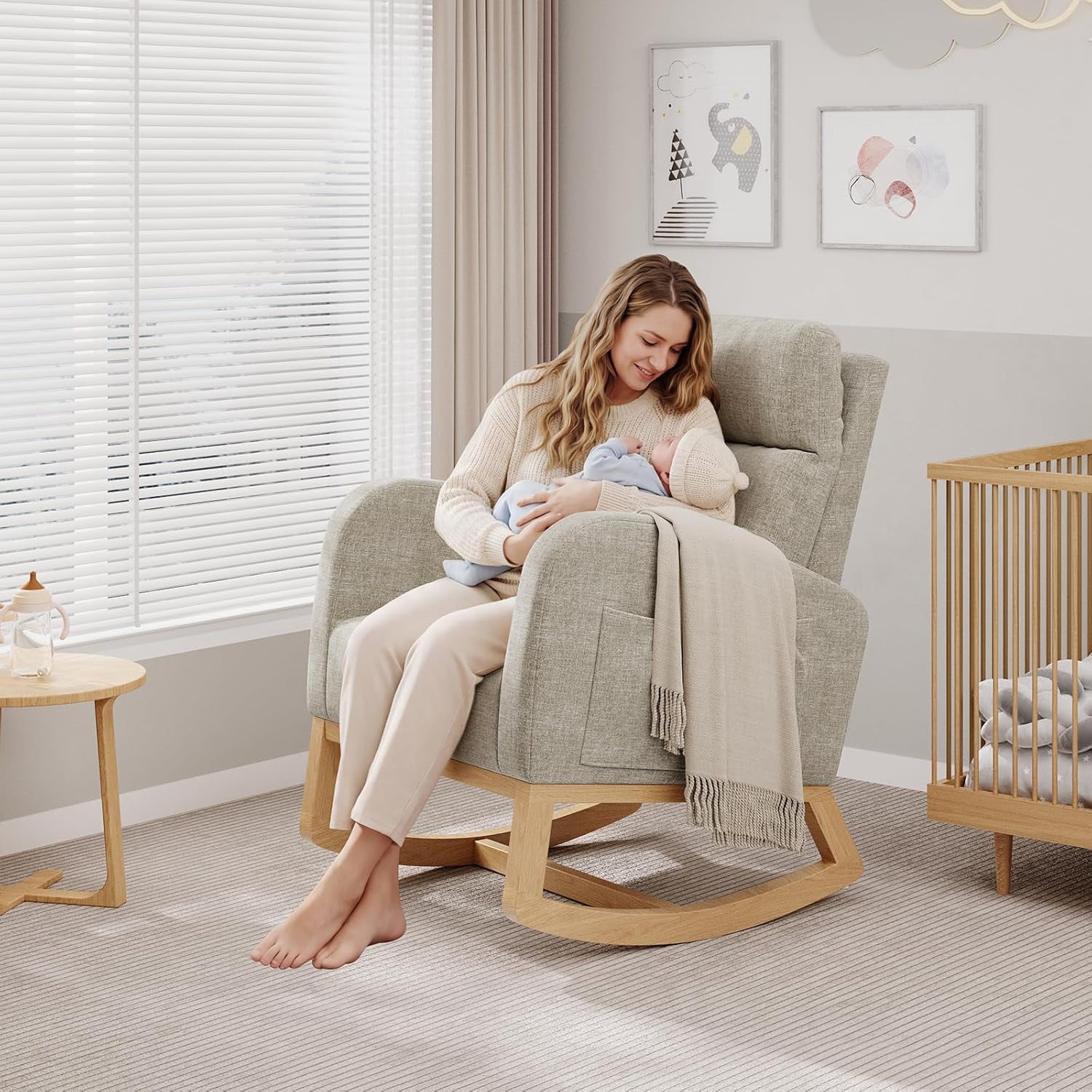 Linen Rocking Chair, Modern Nursery Glider Chair with Side Pockets and Pillow, Rocker Chair for Living Room Bedroom Nursing Room, Grey