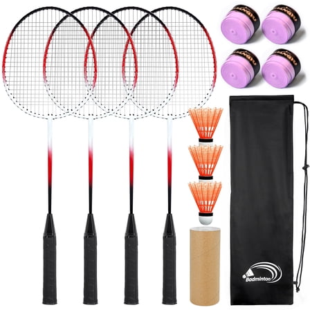 Playfect Badminton Racket Set for 4 Players, 4 Racquets, 3 Shuttlecocks 4 Overgrips with Carry Bag
