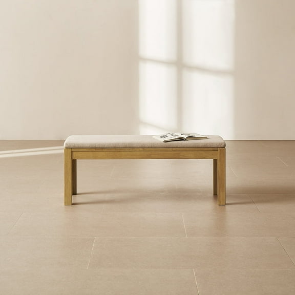 Mopio Logan Upholstered Beige 55" Dining Bench, Modern Farmhouse Solid Wood with light wire brush for Dining Room and Kitchen