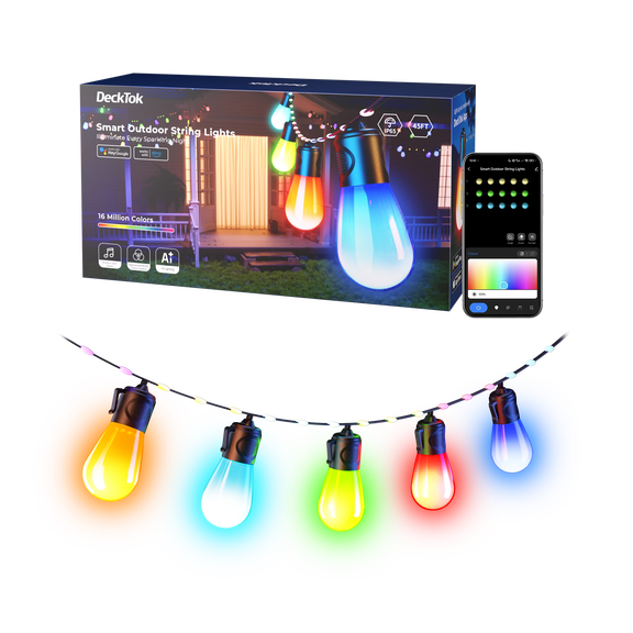DeckTok 45ft Smart Outdoor String Lights, IP65 Waterproof Color Changing LED Lights for Garden Patio