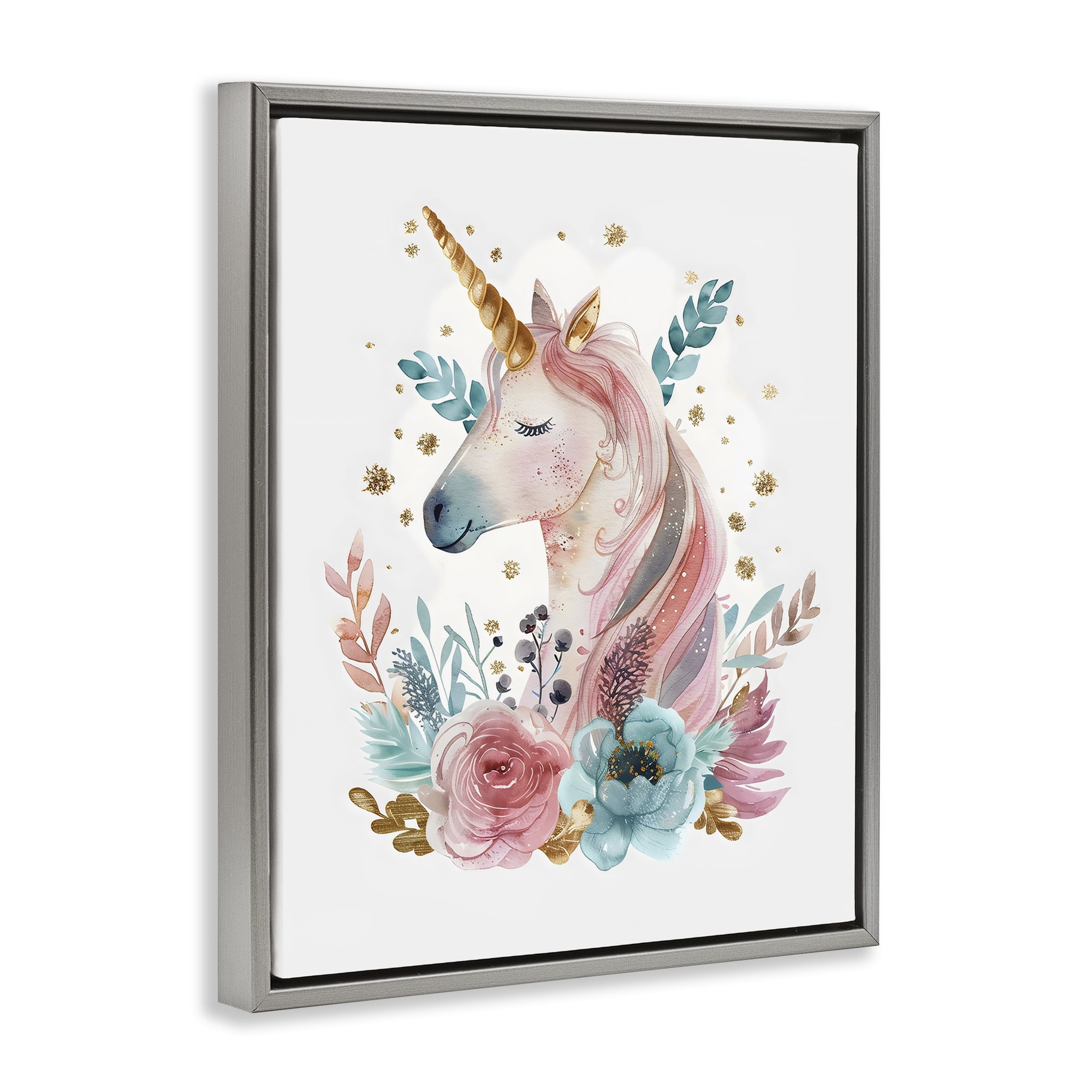 Stupell Industries Floral Unicorn with Gold Details Gray Framed Floater Canvas Wall Art, design by LSR Design Studio
