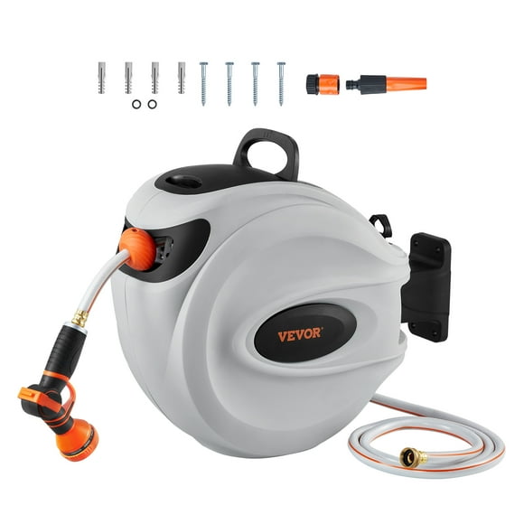 VEVOR Enrouleur de Boyau Rétractable, 65 Pi x 5/8 Po, Support Pivotant à 180° Mural, Enrouleur de Boyau d'Arrosage de Jardin avec Buse à 9 Motifs, Rembobinage Automatique, Verrouillage à Toute Longueur et Système de Retour Lent