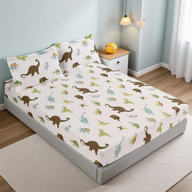 Juego de cama MAG Queen Size con diseño de dinosaurio blanco, 3 unidades, para niños