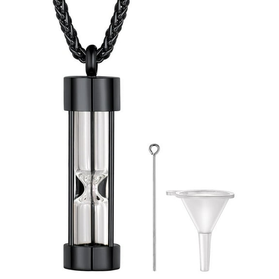 FaithHeart Hourglass Cremation Necklace for Men Women Black Stainless Steel Urn Ash Holder Perfume Pill Funnel Pendant Jewelry Gift for Bithday Christmas