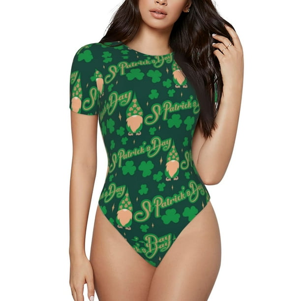 Balery St Patrick's Day9 Body de cuello redondo de manga corta para mujer Tops de manga corta Tops básicos-Large