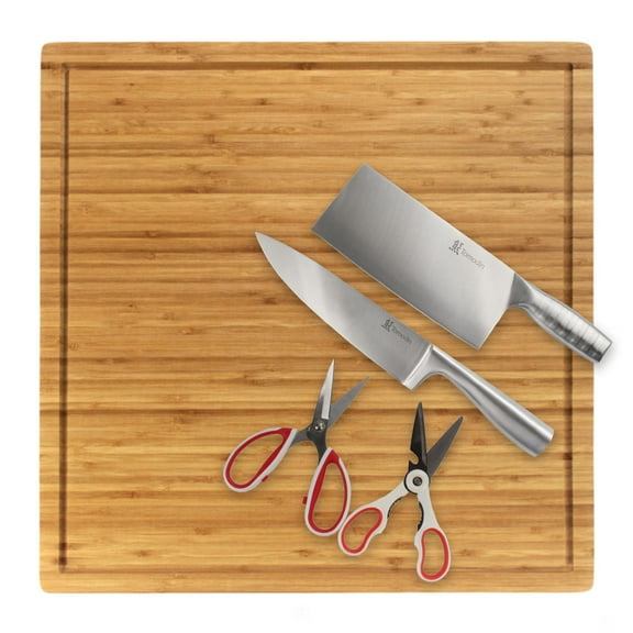 BambooMN Bamboo Burner Cover Cutting Board, 3-Ply, Large Square, 20"x20"x0.75" - Grooved/Flat with Chef's Knife, Cleaver, and Kitchen Shears Set
