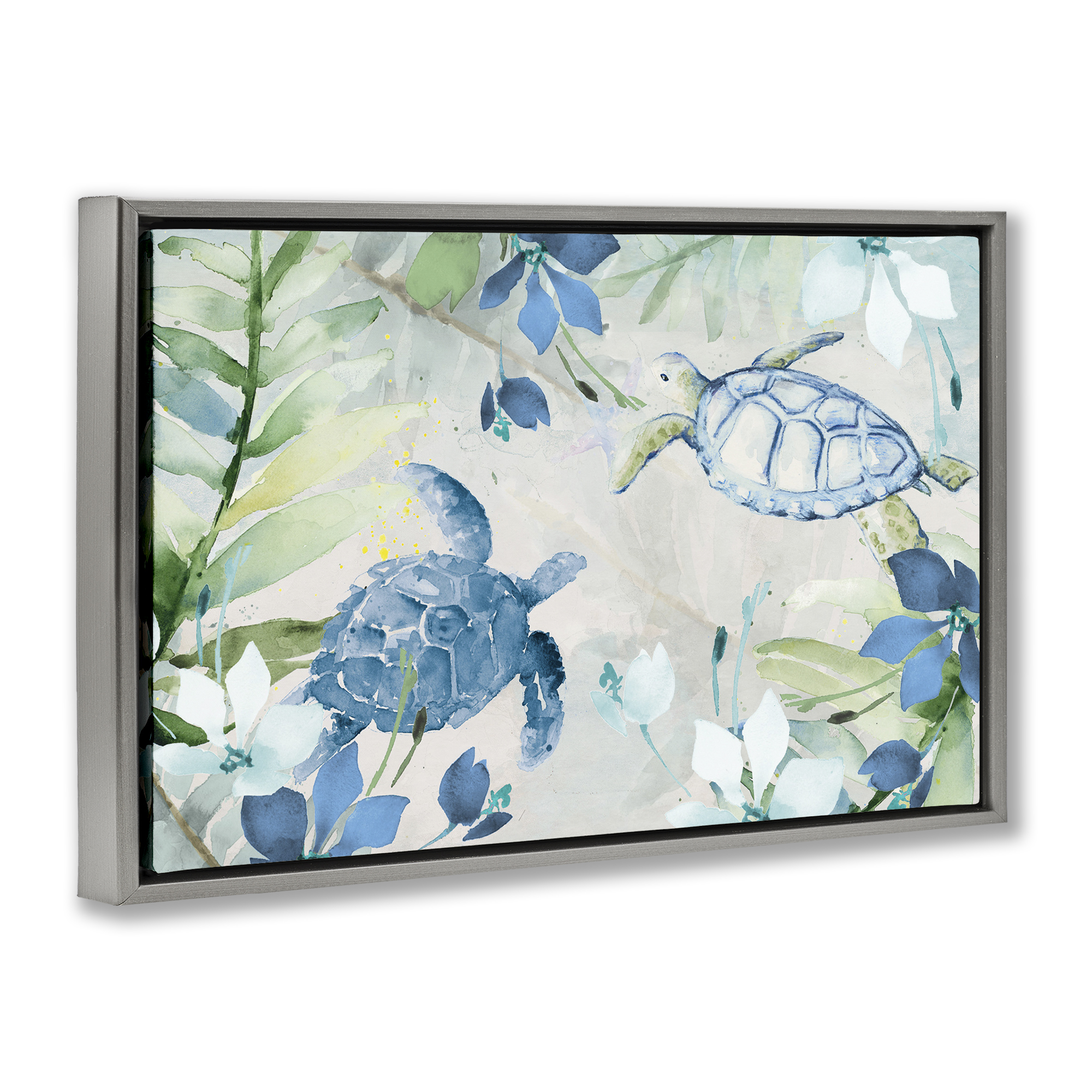 Stupell Industries Turtles Among Flowers Coastal Painting Gray Floater Framed Canvas Art Print Wall Art, 31 x 21