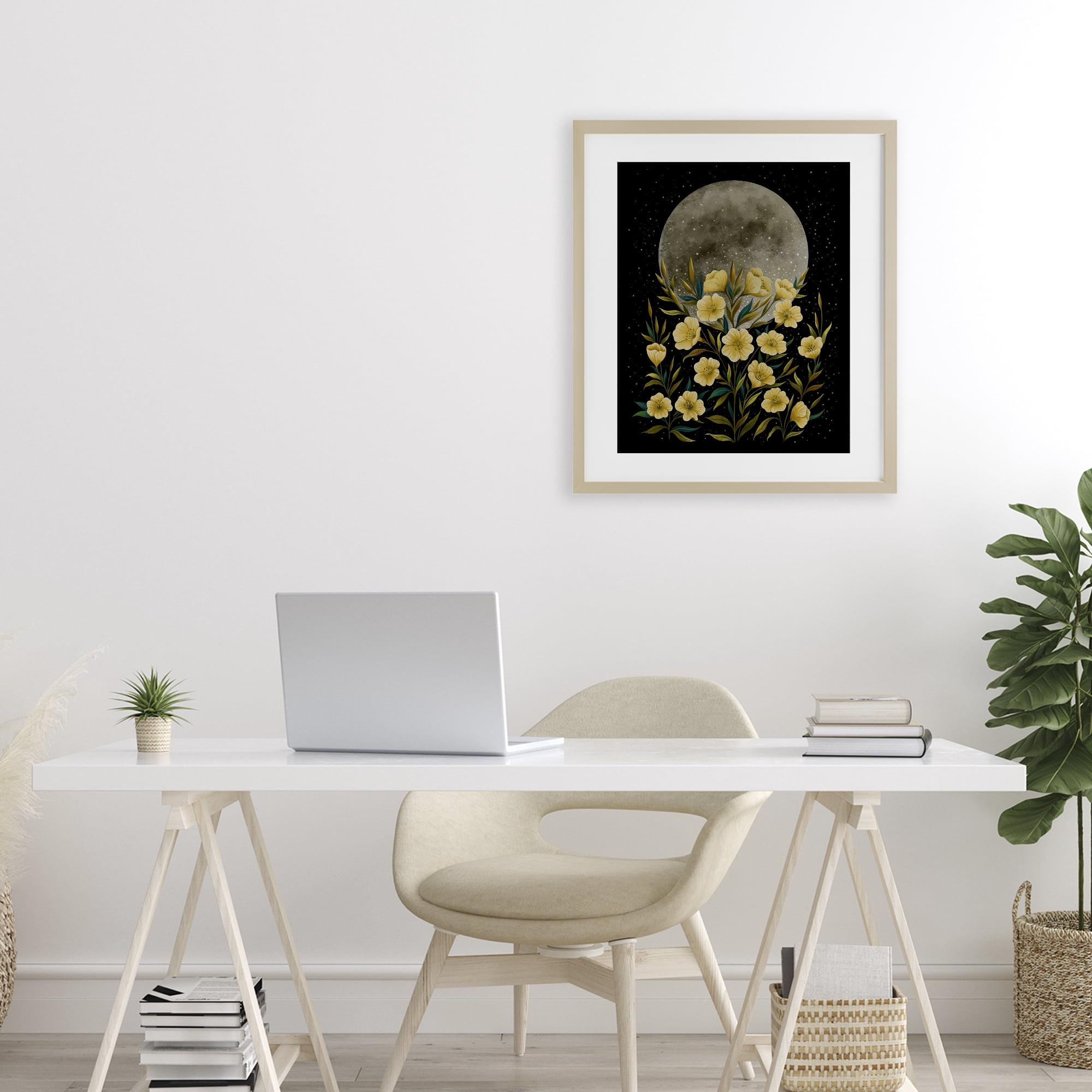 Stupell Industries Moon Greeting Yellow Flowers Birch Framed Print Under Glass, design by Episodic Drawings