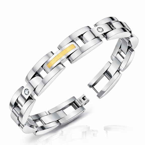 My Daily Styles Stainless Steel Gold-Tone Silver-Tone White CZ Mens Link Bracelet