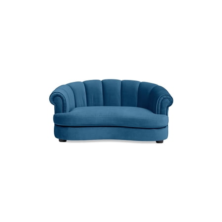 Halle 35.5 Rolled Arm Channel-Tufted Dog Sofa Bed Medium Satin Teal Blue Velvet