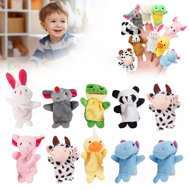 10PCS Animal Finger Puppets Cloth Set Monkey Frog Panda Hippo Duck Cow Elephant Rabbit Dog Bear Soft Hand Puppets,Fabric Finger Puppets,Animal Hand Toys,Yellow,10Pcs