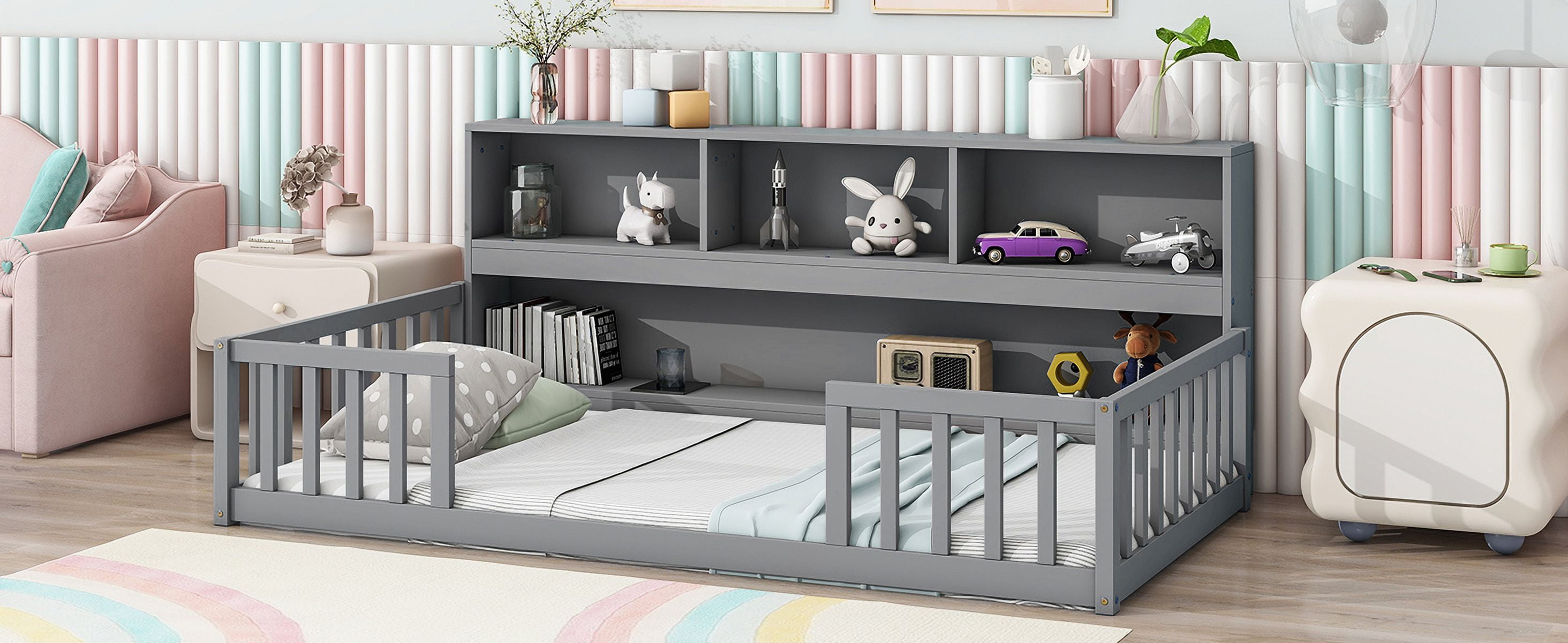 Yoneston Kids Twin Size Floor Bed Frame with Bedside Bookcase Storage Shelves and Guardrails for Toddlers Boys Girls Bedroom Furniture, Gray