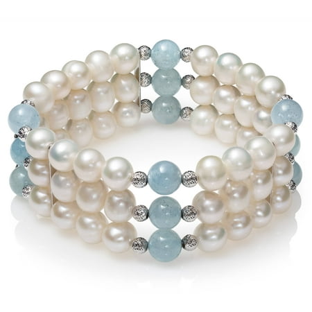 7-8mm Cultured Freshwater Pearl and Milky Aquamarine 3-Row Stretch Bracelet with Sterling Silver Accent Beads, 7.5